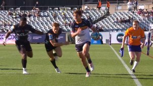 Brumbies winger Ollie Sapsford finishes a slick movement against the Hurricanes in Canberra.