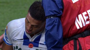 Blues star Rieko Ioane was left dazed after a head clash just before half-time in the round 11 match against the Melbourne Rebels.