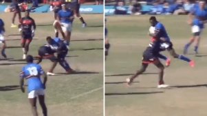 A schoolboys rugby player was carried more than 20m backwards in a South African game between Welkom Gimnasium and Goudveld High.
