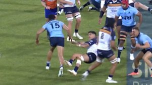 Joseph-Aukuso Suaalii wipes out Wallabies teammate Noah Lolesio but escapes on-field punishment following Billy Pollard's try.