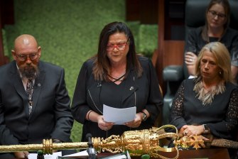 Victorian Treaty Advancement Commissioner Jill Gallagher (left) addressed State Parliament in March. 