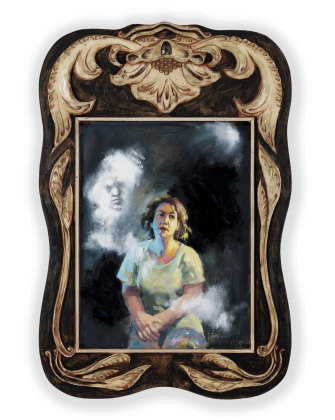 Wendy Sharpe, Self-portrait with ghosts, oil on wood, found antique carved wood frame, 40 x 30 cm.