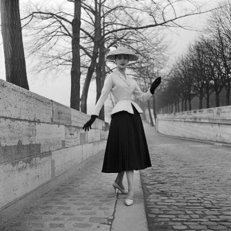 Christian Dior’s famous New Look of 1947. The style created ‘flower-like women’ after the rigours of war.