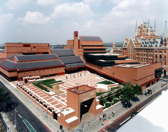 The brutalist British Library situated next to St Pancras Station in London.   
