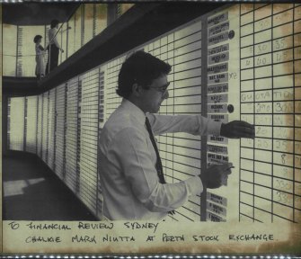 Chalkie Mark Niutta at the Perth Stock Exchange. May 28, 1987, a few months before the infamous crash that year. Mr Niutta was on the trading floor the day of the crash and said the market bounced back for a day or so, but the market was well down at the end of the trading year.