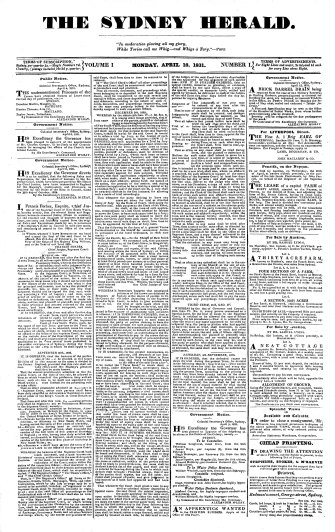 The first edition of the Sydney Herald on April 18, 1831.