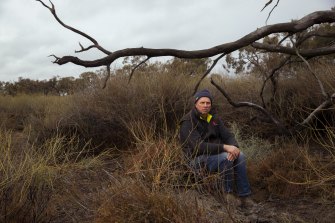 Paul Porter, a fifth-generation farmer, sits under a dead grey box tree amid indigo bushes and lignum in part of the Mirrool Creek on his property in the Riverina.