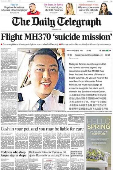 Mh370 Crashed In Suicide Mission Britain S The Daily Telegraph Newspaper Reports