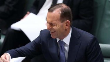 Prime Minister Tony Abbott reacts to a question by Opposition Leader Bill Shorten that was ruled out of order by the Speaker during question time on Thursday. Photo: Andrew Meares