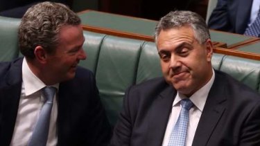 Christopher Pyne and Joe Hockey react to taunts from Opposition Leader Bill Shorten during the Budget Reply. Photo: Andrew Meares