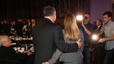 Treasuer Joe Hockey with his wife Melissa Babbage after his post budget speech in Canberra on Wednesday.