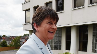 DUP leader Arlene Foster arrives for a press conference on June 9, 2017 in Belfast, Northern Ireland.