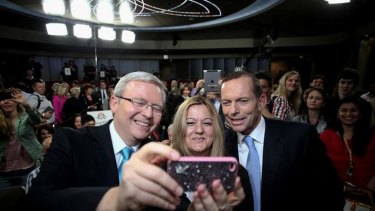 Nada Makdessi requested a selfie with Prime Minister Kevin Rudd and Opposition Leader Tony Abbott at the conclusion of the People's Forum at the Rooty Hill RSL in Sydney on Wednesday 28 August 2013. Election 2013.