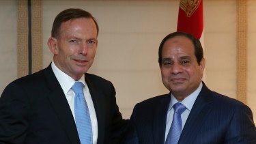 Then prime minister Tony Abbott meets Egyptian President Abdel-Fattah al-Sisi in New York in September 2014. 