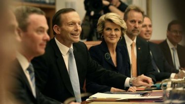 Prime Minister Tony Abbott holds a meeting of the full ministry in the cabinet room at Parliament House on Wednesday.