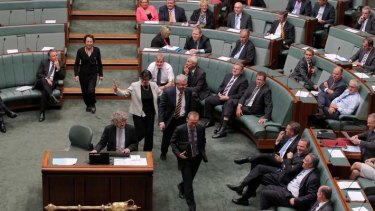 Greens MP Adam Bandt and Independent MPs Andrew Wilkie and Cathy McGowan move to vote with the Government during a division on the debt ceiling. Photo: Alex Ellinghausen