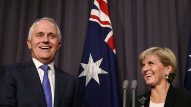 Prime minister elect  Malcolm Turnbull and  Julie Bishop address the media on Monday night.