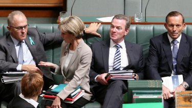 Communications Minister Malcolm Turnbull, Foreign Affairs Minister Julie Bishop, Leader of the House Christopher Pyne and Prime Minister Tony Abbott during a division in question time on Wednesday.