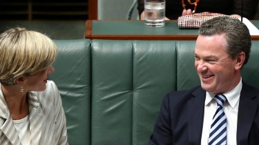 Foreign Affairs Minister Julie Bishop and Education Minister Christopher Pyne during Question Time on Monday.