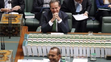 Opposition Leader Bill Shorten and Prime Minister Tony Abbott during question time in Parliament House on Thursday. Photo: Andrew Meares
