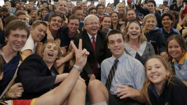 Labor leader Kevin Rudd at St Columan's College in Caboolture on Monday.