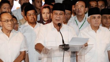 Prabowo Subianto holds a press conference on Wednesday where he too declared himself the winner of the presidential election.