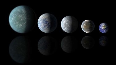 Relative sizes of the newly discovered habitable-zone planets and Earth. Left to right: Kepler-69c, Kepler-62e, Kepler-62f and Earth (except for Earth, these are artists' renditions).