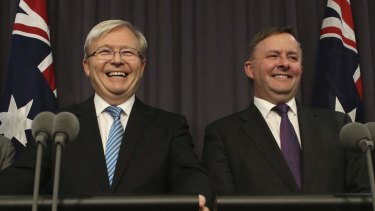 Winners are grinners: Prime Minister Kevin Rudd and Deputy Prime Minister Anthony Albanese.