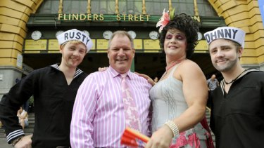 Lord Mayor Robert Doyle launches the Midsumma Festival on at Flinders Street station with Dolly Diamond and a couple of  sailor boys.