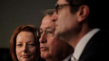 Prime Minister Julia Gillard, Deputy Prime Minister Wayne Swan and Climate Change minister Greg Combet following the passing of the Carbon Tax Bills.