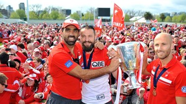 Flag trio: Adam Goodes, Nick Malceski and Jarrad McVeigh at Lakeside Oval yesterday.
