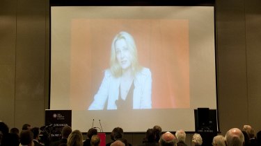 Anna Funder accepts the Miles Franklin literary award at a ceremony in Brisbane via a video from the UK on June 20, 2012.
