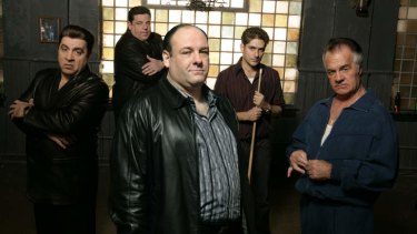 <i>The Sopranos</i>... from left, actors Steven Van Zandt as Silvio Dante, Steven R. Schirripa as Bobby 'Bacala' Baccalieri, James Gandolfini as Tony Soprano, Michael Imperioli as Chistopher Moltisanti and Tony Sirico as Paulie Walnuts.