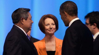 Mr Obama and Ms Gillard, with Indonesia's President Susilo Bambang Yudhoyono, at the G20 Summit in Los Cabos last year.