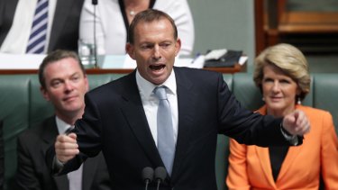 On the attack ... Tony Abbott in full flight yesterday.