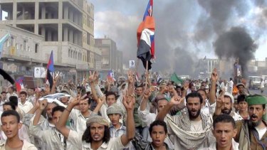 Yemeni protesters on the streets of Sanea during an anti-government demonstration in Radfan.