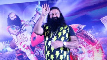 Gurmeet Ram Rahim Singh promotes his movie <i>Messenger of God</i> in the southern Indian state of Kerala earlier this month.