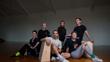 Choreographers Alice Heyward, Chloe Chignell, James Batchelor (front, white tshirt ), Sarah Aiken, Martin Hansen and Rebecca Jensen (in grey tracksuit pants) are six of the eight finalists in the Keir choreographic competition.