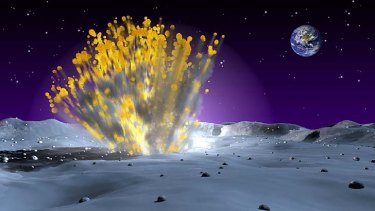 An artist's illustration of a meteor impacting the moon, resulting in an explosion visible from Earth.