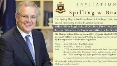 The invitation to Sydney Boys' High School cocktail evening with Scott Morrison.
