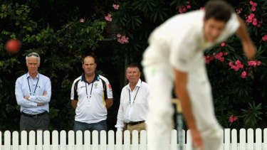 Keen eyes &#8230; chairman of selectors John Inverarity, coach Mickey Arthur and selector Rod Marsh watch Ben Cutting bowl for Australia A yesterday.