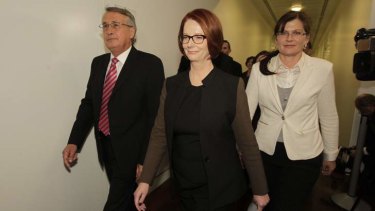 Prime Minister Julia Gillard arrives for the leadership ballot. She is standing down after losing to Kevin Rudd.
