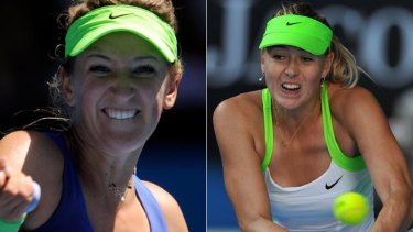 Deci-belles &#8230; Maria Sharapova and Victoria Azarenka during Australian Open semi-final action at Melbourne Park yesterday.