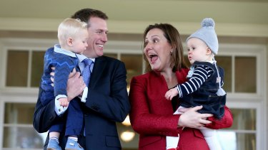 Social Services Minister Christian Porter with his son Lachlan and Financial Services Minister Kelly O'Dwyer with her daughter Olivia at the ministerial swearing ceremony in July 2016.