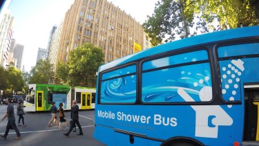The mobile shower bus parked outside the Melbourne town hall. 