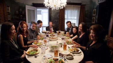 From left: Julianne Nicholson, Juliette Lewis, Dermot Mulroney, Benedict Cumberbatch, Chris Cooper, Ewan McGregor, Abigail Breslin, Julia Roberts and Margo Martindale in <i>August: Osage County</i>.