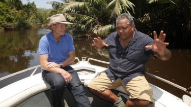 Floating ideas … Noel Pearson with Tony Abbott on the Morgan River in Queensland last year.