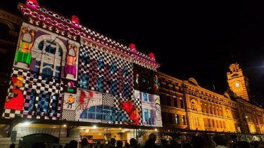 Projections on Flinders Street Station, at White Night 2015.  