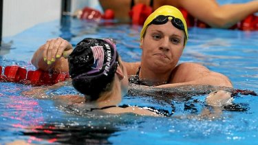 Disappointment: Emily Seebohm's face can't hide the disappointment of finishing with the silver medal in the women's 100m backstroke behind American Missy Franklin.