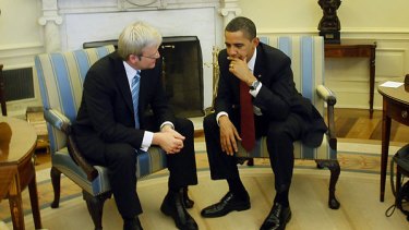 Mr Rudd and Mr Obama deep in discussion at the White House today.